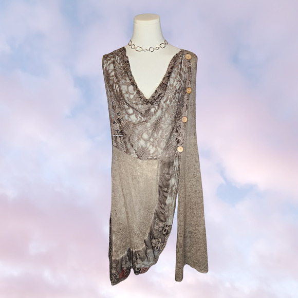Taupe Knitted Asymmetrical Lace Cowl Neck Subversive Mori Kei Layer Tank Vest - Picture 1 of 5